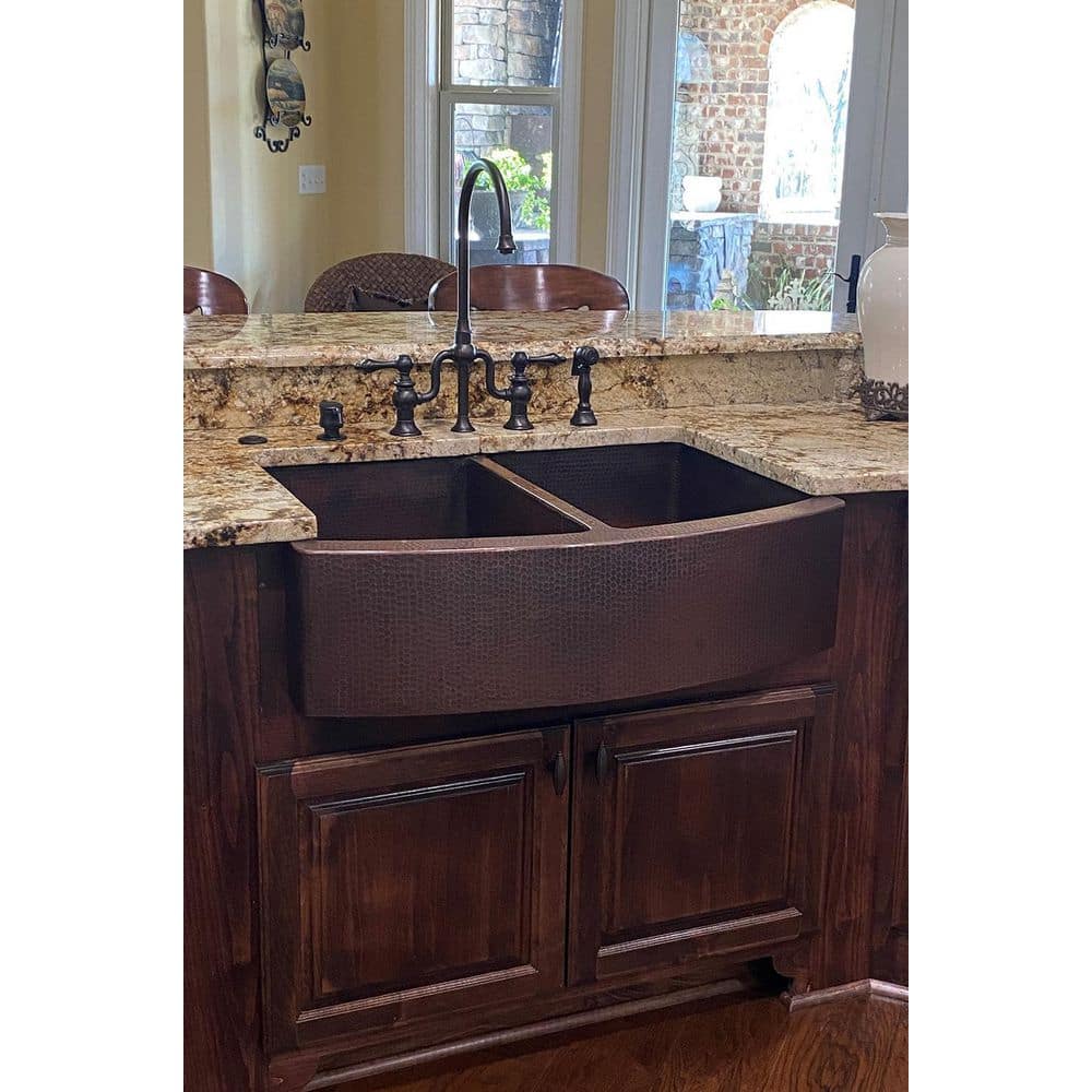 Premier Copper Products Farmhouse/Apron-Front Copper 33 in. 50/50 Double Bowl Kitchen Rounded Apron Sink in Oil Rubbed Bronze -  KA50RDB33249