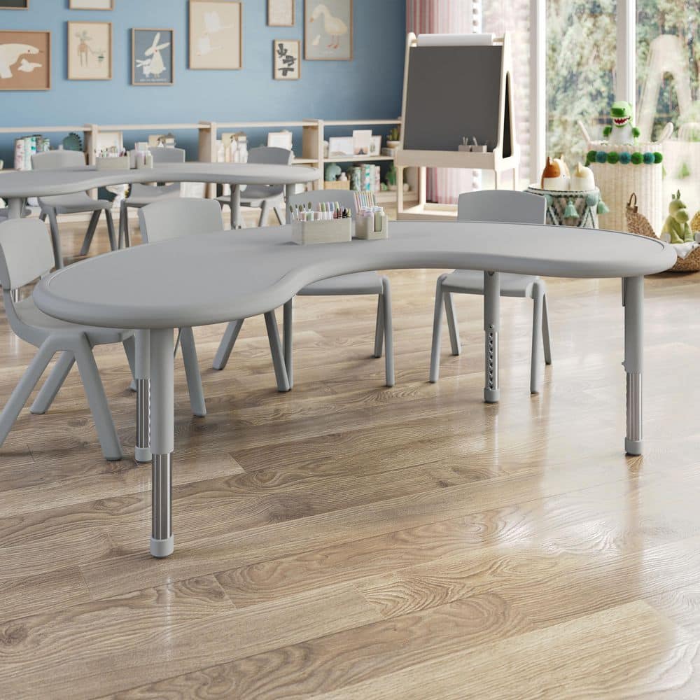 Wren Adjustable Soft Gray Kidney-Shaped Kids Activity Table with Plastic Top for 8