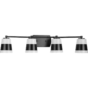 Haven Collection 34 in. 4-Light Matte Black Opal Glass Luxe Industrial Vanity Light