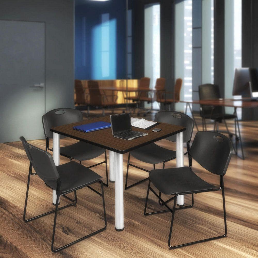 Kee 36 in. Neo Walnut Square Breakroom Table Desk and 4 Zeng Stack Chairs-Black