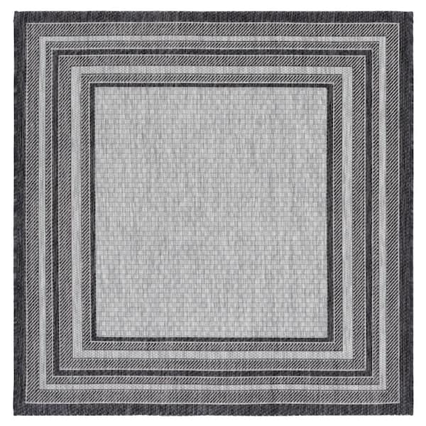Courtyard Light Gray/Black 5 ft. x 5 ft. Solid Color Striped Indoor/Outdoor Square Area Rug