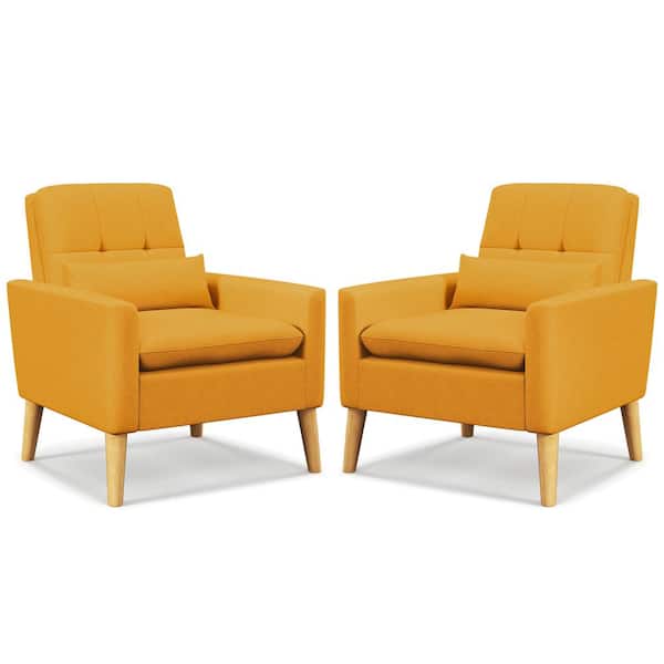 Yellow Upholstered Tufted Armchair Set of 2 with Lumbar Pillow Natural Rubber Wood Legs