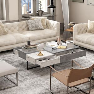 51.2 in. in Gray and White Marble Texture Rectangle Wood Indoor Coffee Table With Trestle Base and 4-Drawers