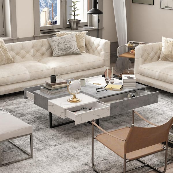 FUFU&GAGA 51.2 in. in Gray and White Marble Texture Rectangle Wood Indoor Coffee Table With Trestle Base and 4-Drawers