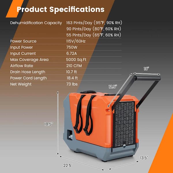 163 pt. 5000 sq. ft. Buckless Commercial Dehumidifier in Oranges/Peaches with Pump and Drain Hose