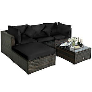 5-Piece Wicker Outdoor Patio Conversation Set Rattan Sectional Furniture Set with Black Cushions