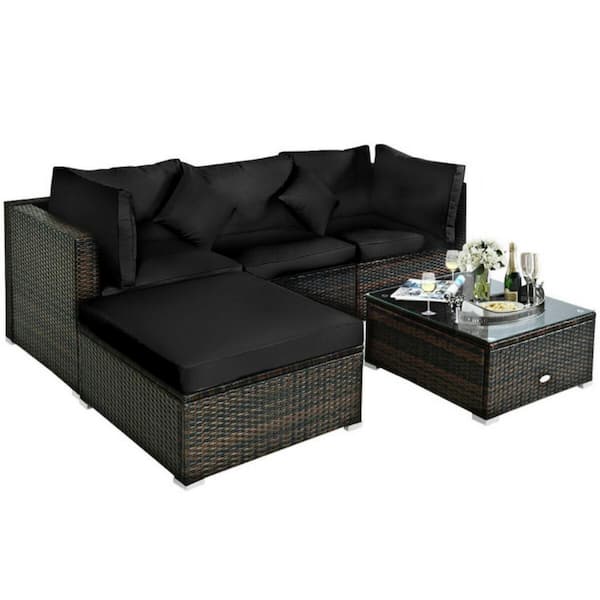 Clihome 5-Piece Wicker Outdoor Patio Conversation Set Rattan Sectional Furniture Set with Black Cushions