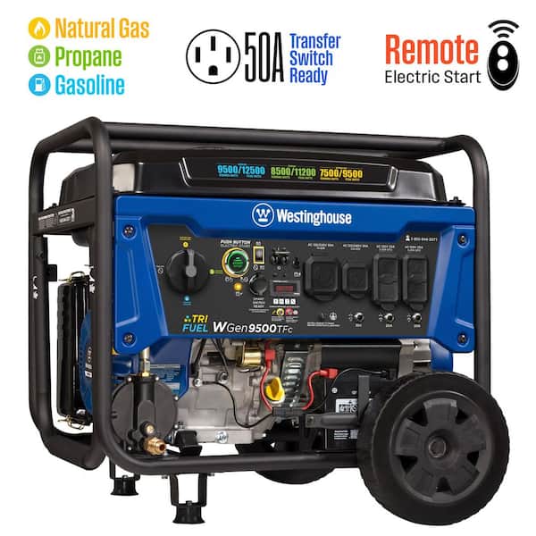 12,500/9,500-Watt Remote Electric Start Tri-Fuel Gas, Propane, Natural Gas Powered Portable Generator with 50A Outlet