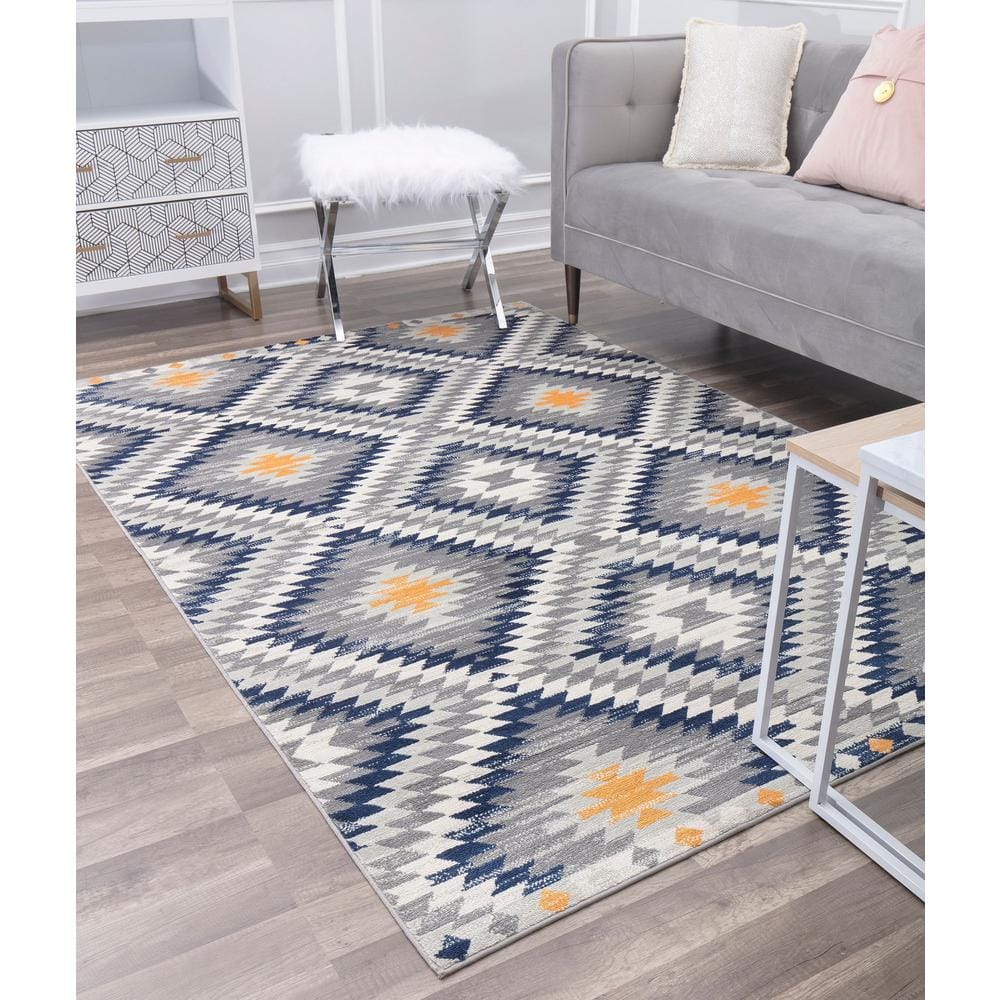 Sunset Gray and Blue Synthetic Tribal Rectangular Area Rug