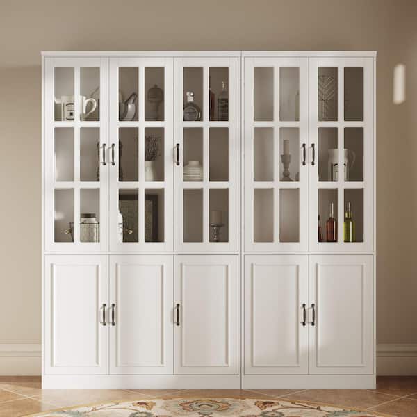FUFU&GAGA 78.7 in. Wide White Wooden MDF 15-Tier Shelves Accent Bookcase with 5 Tempered Glass Door & 5 Wooden Doors