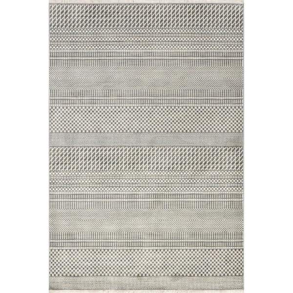 nuLOOM Lavender Geometric Fringe Light Grey 8 ft. x 10 ft. 2 in. Area Rug