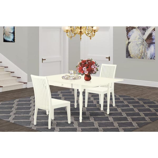 East West Furniture 3-Piece Linen White Finish Rectangular Solid Wood Top With Dropleaf Dining Table Set