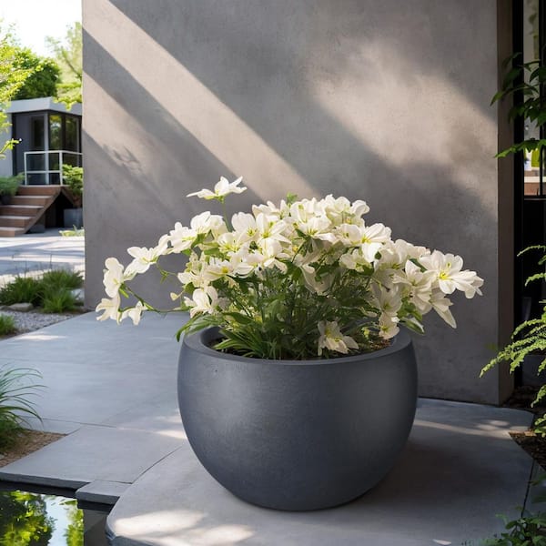 19 in. Large Granite Gray Concrete Round  Planter / Pot with Drainage Holes