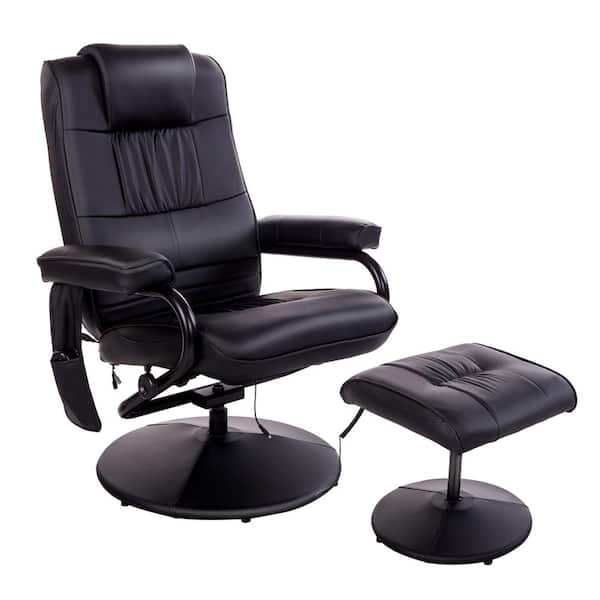 HOMCOM Black Massaging Faux Leather Recliner Chair and Ottoman Set, Swivel Vibration Massage Lounge Chair with Remote Control