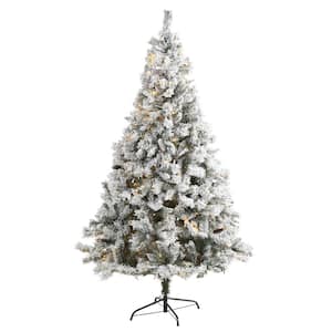 7 ft. White Pre-Lit Flocked River Mountain Pine Artificial Christmas Tree with Pine Cones and 350 LED Lights