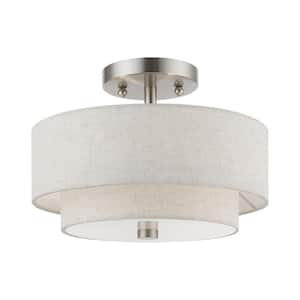 Meridian 11 in. 2-Light Brushed Nickel Semi-Flush Mount with Oatmeal Color Fabric Shades