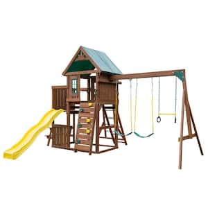 Chesapeake Deluxe Backyard Wood Complete Swing Set with Wave Slide, Rock Wall, Swings, and Playset Accessories