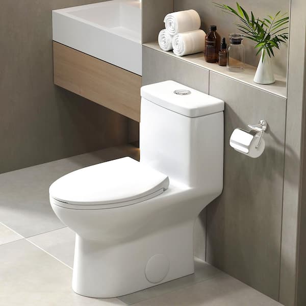 1-Piece 1.1/1.6 GPF Dual Flush Elongated High Efficiency WaterSense Toilet in White, Soft Closed Seat Included