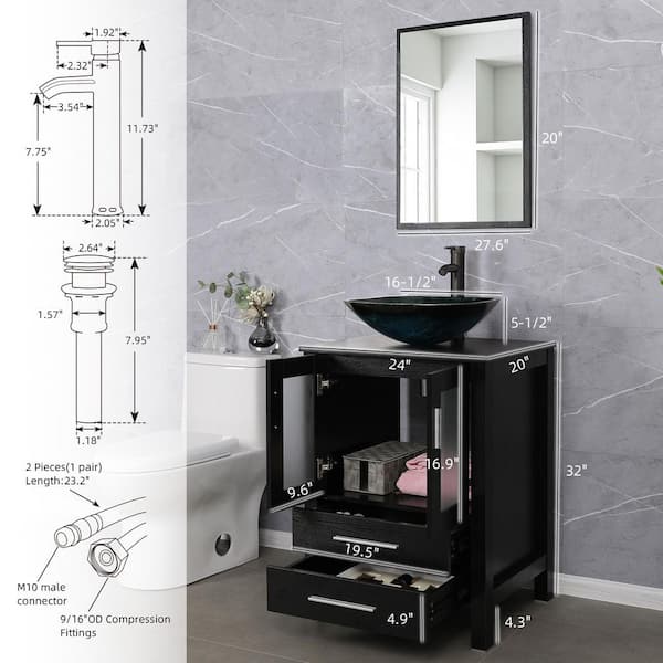 24 in. W x 20 in. D x 32 in. H Single Sink Bath Vanity in Black with Turquoise Glass Vessel Sink Top ORB Faucet Set