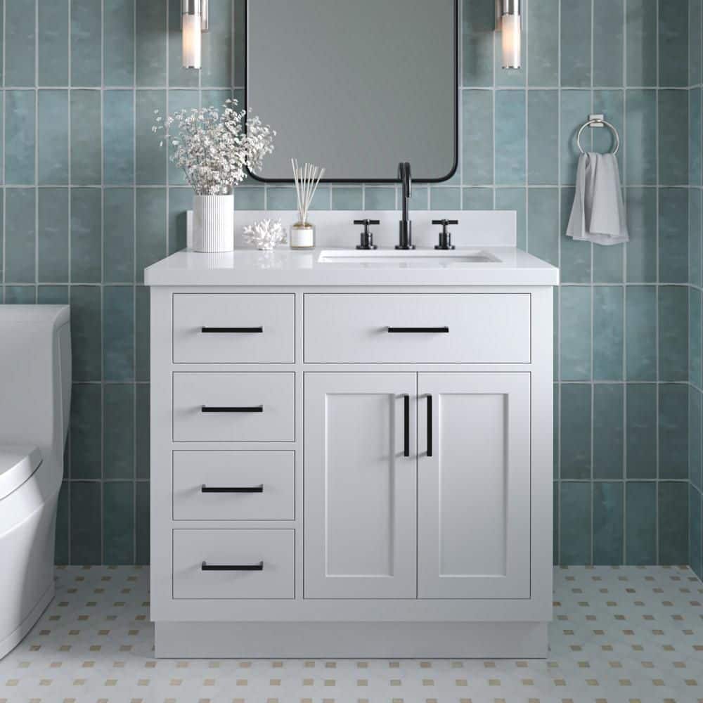 Hepburn 36 in. Single Sink Freestanding Bath Vanity in White with Pure White Quartz Top & Sidesplash price history on PriceWatchPro