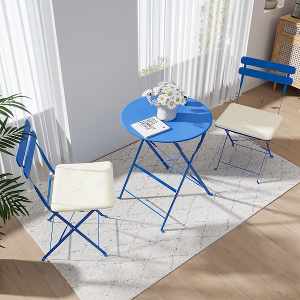 Sudzendf Blue 3-Piece Metal Outdoor Bistro Set Patio Dining Set with Beige Cushions and Round Table