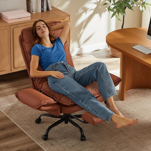 PU Leather High-Back Cross-Legged Office Chair in Brown w/ Flip-up Arms, Ergonomic Swivel Executive Chair With Footrest