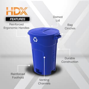 32 Gal. Blue Outdoor Vented Recycling Trash Can with Domed Lid, Rounded Handles, and Reinforced Foothold