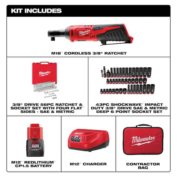 M12 12V 3/8 in. Lithium-Ion Cordless Ratchet Kit w/3/8 in. Drive SAE/Metric Mechanics & Impact Socket Set (100-Piece)