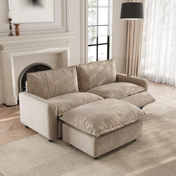 83 in. Power Recliner 3-Pieces Loveseat Sofa with Thicken Sofa Deep Seat, Ottoman, Heating, USBandType-C Ports in Khaki