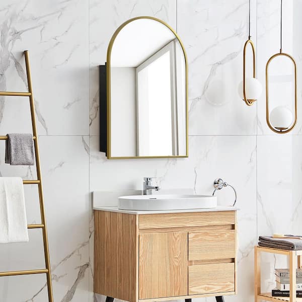 Gold 24 in W x 36 in. H Modern Rounded Arched Mirror Cabinet Iron Framed Mirror