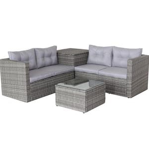4-Piece Wicker Patio Conversation Set with Gray Cushions and Storage Box