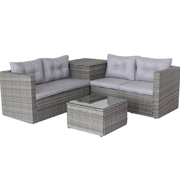 JimsMaison 4-Piece Wicker Patio Conversation Set with Gray Cushions and Storage Box