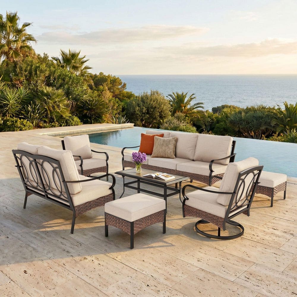 PHI VILLA Metal 9 Seat 7-Piece Outdoor Patio Conversation Set with
