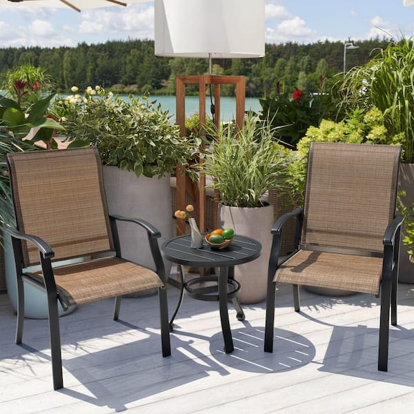Brown 3-Piece Textilene and Iron Outdoor Bistro Set, 2 Bistro Chairs and Round Bistro Table