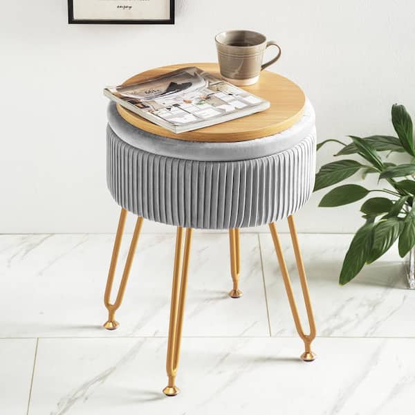 LUE BONA Velvet Storage Ottoman Foot Rest Upholstered Pleated Round Footrest Vanity Stool with Metal Legs Coffee Table Top Cover