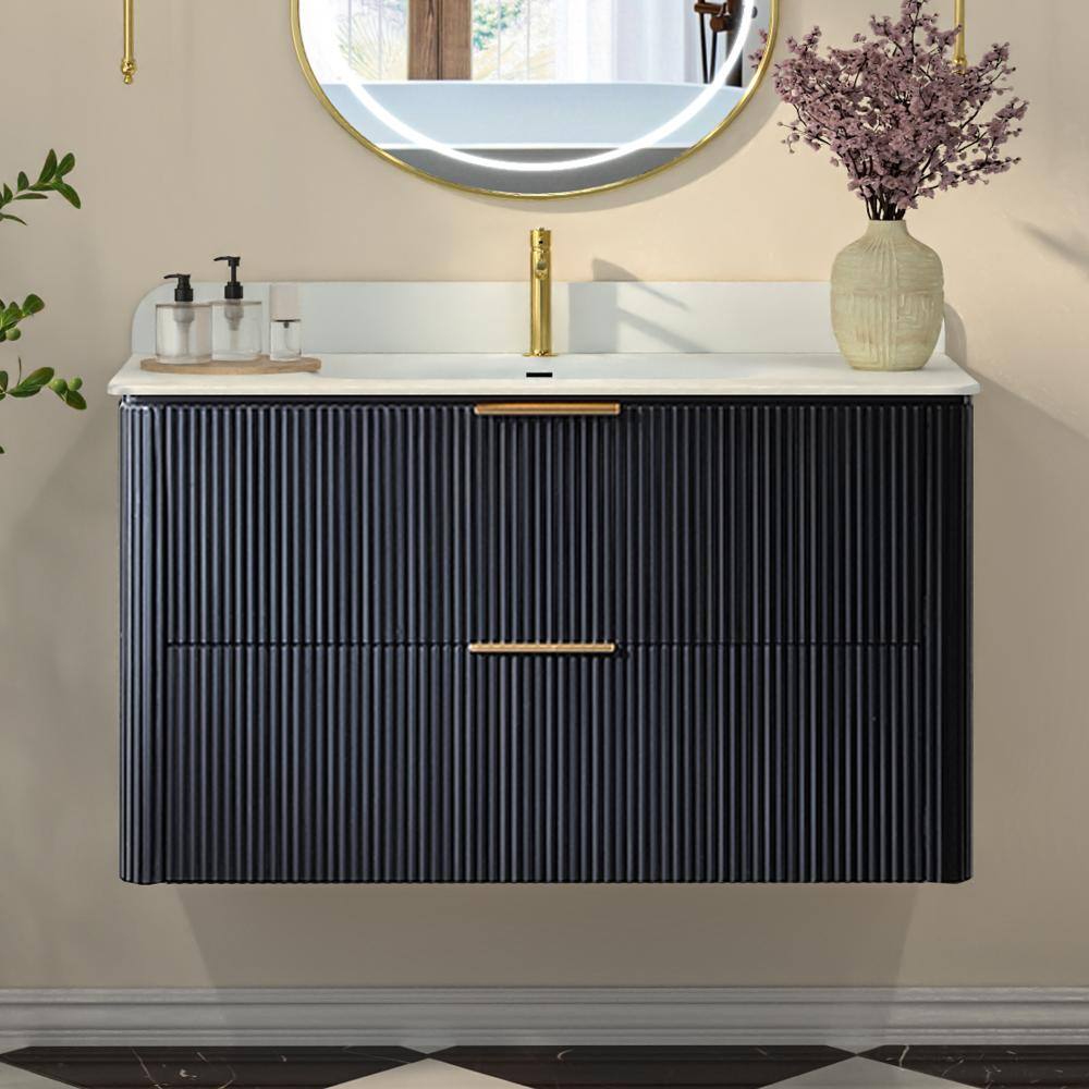 36 in. Wall-Mounted Bathroom Vanity in Black with Solid Wood Cabinet and One-Piece Acrylic Countertop price history on PriceWatchPro