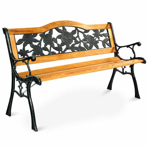Costway 49.5 in. W 2-Person Black Natural Metal Wood Outdoor Bench
