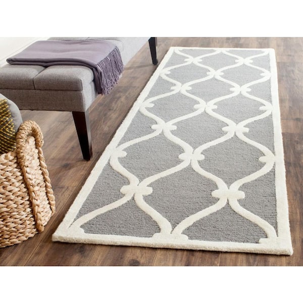 Cambridge Dark Gray/Ivory 3 ft. x 12 ft. Border Knotted Geometric Runner Rug