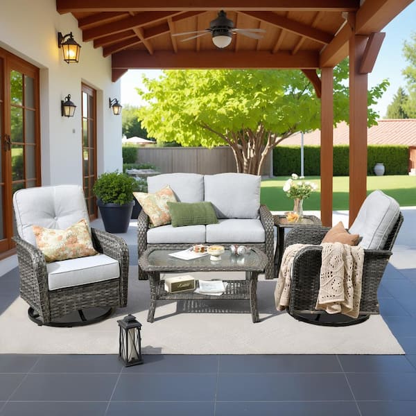 Toject Denali Gray 5-Piece 4-Seat Wicker Modern Outdoor Patio Conversation Sofa Swivel Chair Set with Light Gray Cushions