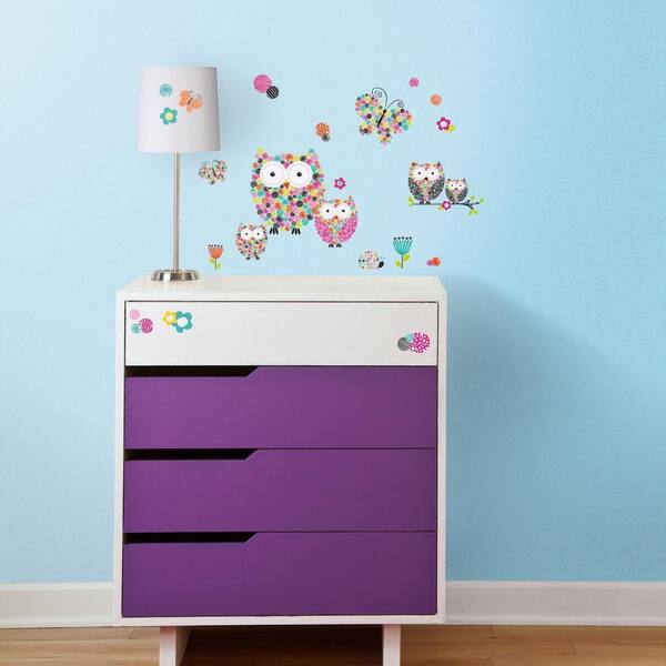 RoomMates 5 in. x 11.5 in. Prisma Owls and Butterflies 48-Piece Peel and Stick Wall Decal