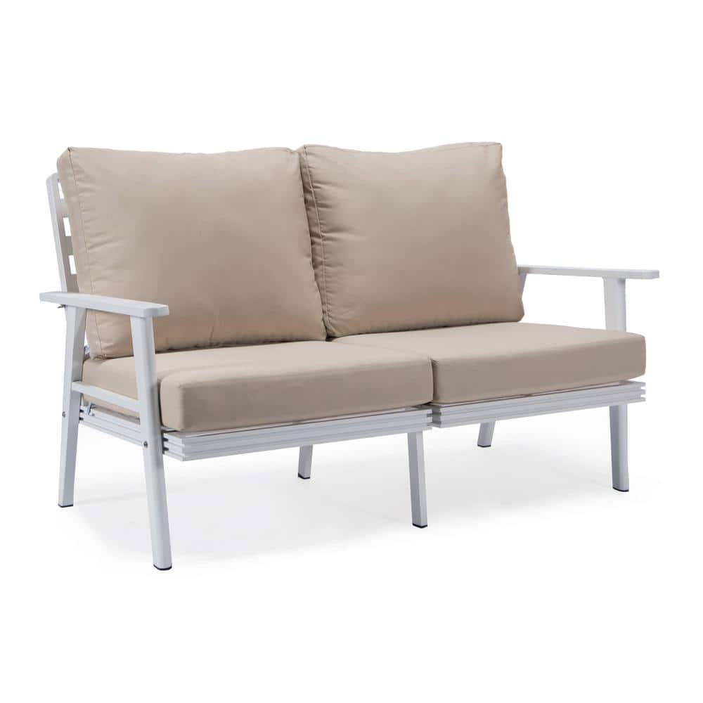 Leisuremod Walbrooke Patio White Aluminum Frame With Loveseat And Beige ...