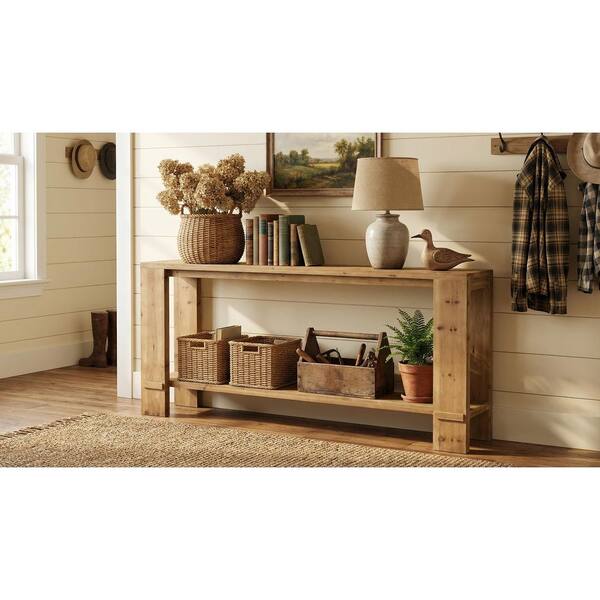 Catalin 70.9 in. Solid Wood Vintage Brown Sofa Table Industrial 2-Tiers Console Narrow Long Sofa Table Storage Shelves