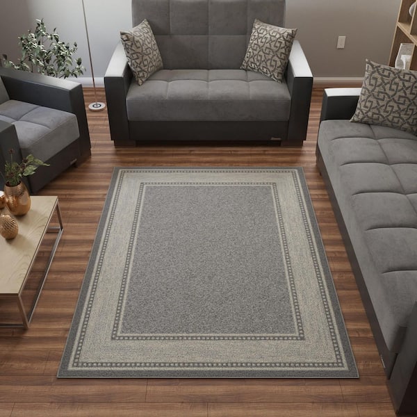 Basics Collection Non-Slip Rubberback Bordered Design 5x7 Indoor Area Rug, 5 ft. x 6 ft. 6 in., Light Gray