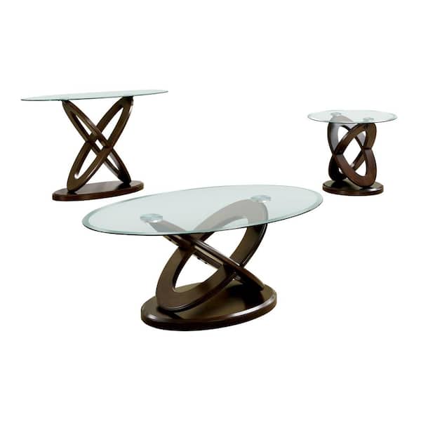 Furniture of America Quaze 3-Piece 48 in. Dark Walnut Oval Glass Coffee Table Set