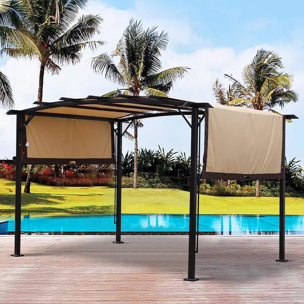 9 ft. x 12 ft. Beige Outdoor Pergola Patio Gazebo, Retractable Shade Canopy