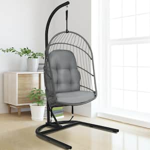 42 in.W 1-Person Gray Wicker Egg Swing  Chair with Stand and Gray Cushions