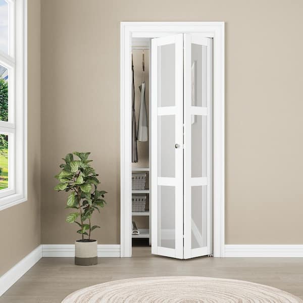 30 in. x 80 in. Solid Core Primed 3-Lite White Tempered Frosted Glass Wood Closet Bi-fold Door with Hardware