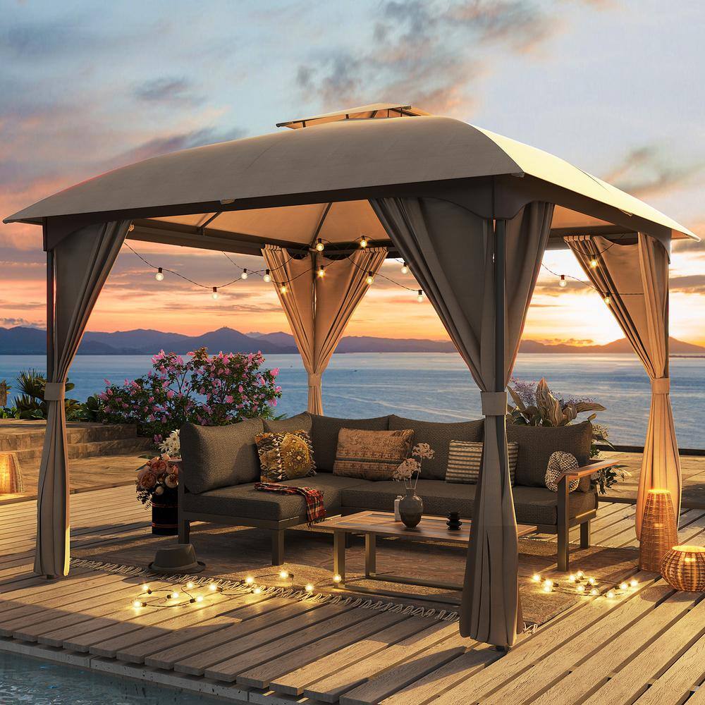 10x10 Khaki Steel Patio Gazebo with Privacy Curtains