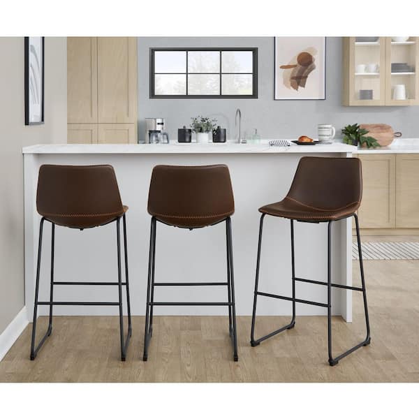 Duke 30 in. Black Metal with Espresso Faux Leather and Orange Stitching Fixed-Height Barstool