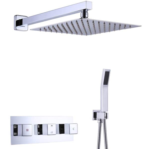 GIVING TREE 2-Spray Square 10 in. Rain Shower Head with Hand Shower with 3-Knob Handles in Chrome